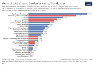 Share of diseases. Leading cause is cardiovascular diseases followed by respiratory infections, cancer and others.